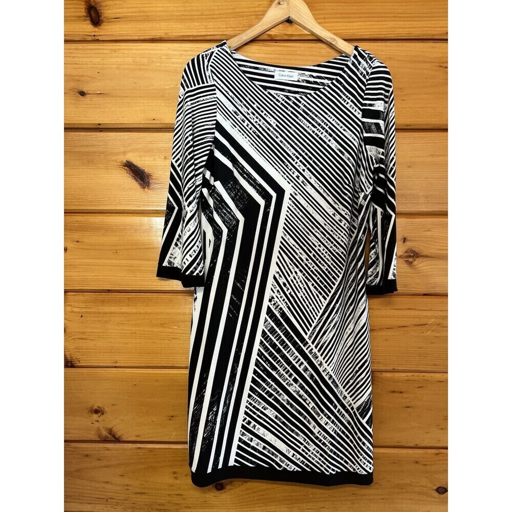 Calvin Klein Women’s Black White Striped 3/4 Sleeve Stretch Shift Dress Size 8